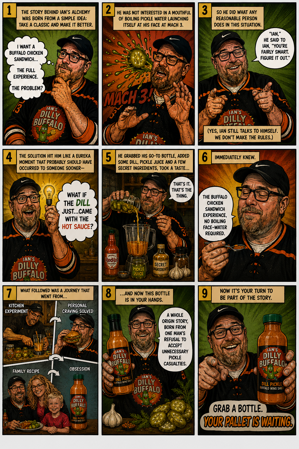 Comic book style origin story for Ian's Alchemy Dilly Buffalo sauce